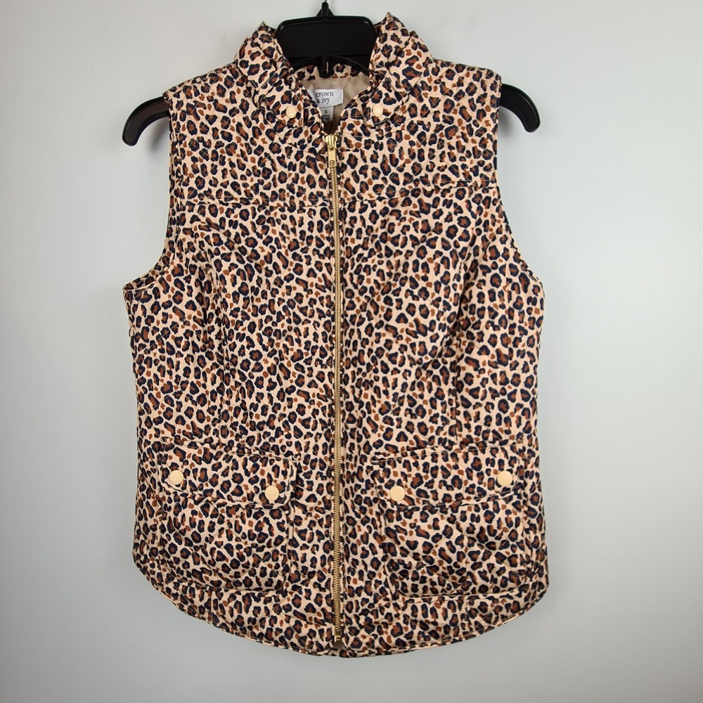 Crown & Ivy Icon Vest Womens Small Leopard Print Quilted Puffer Zip Front Tan